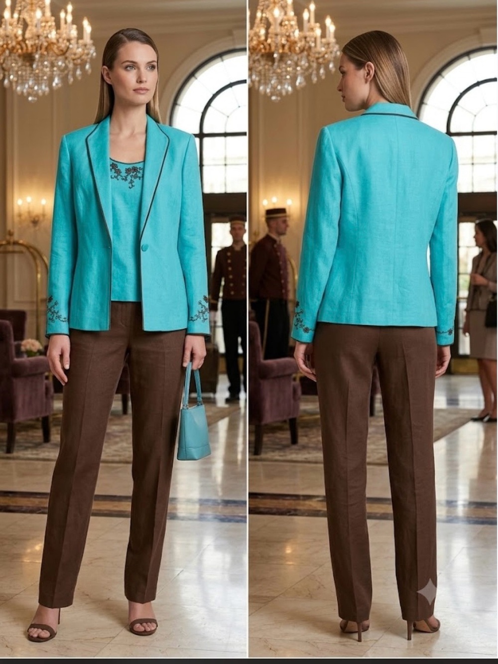 🔴 Jessica Howard Turquoise Embroidered Jacket and Shell Set